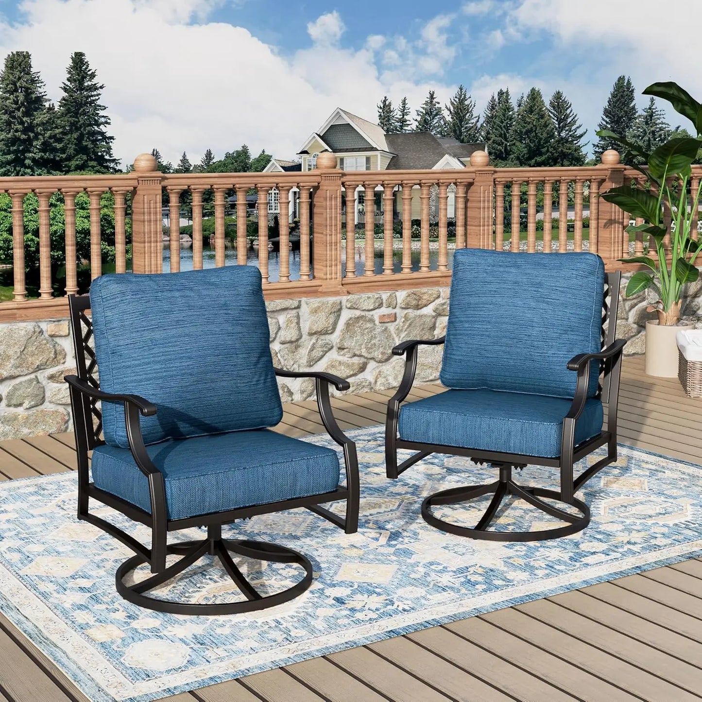 Outdoor Swivel Patio Chairs Set of 2 | High Back, Thick Cushions, Metal Frame