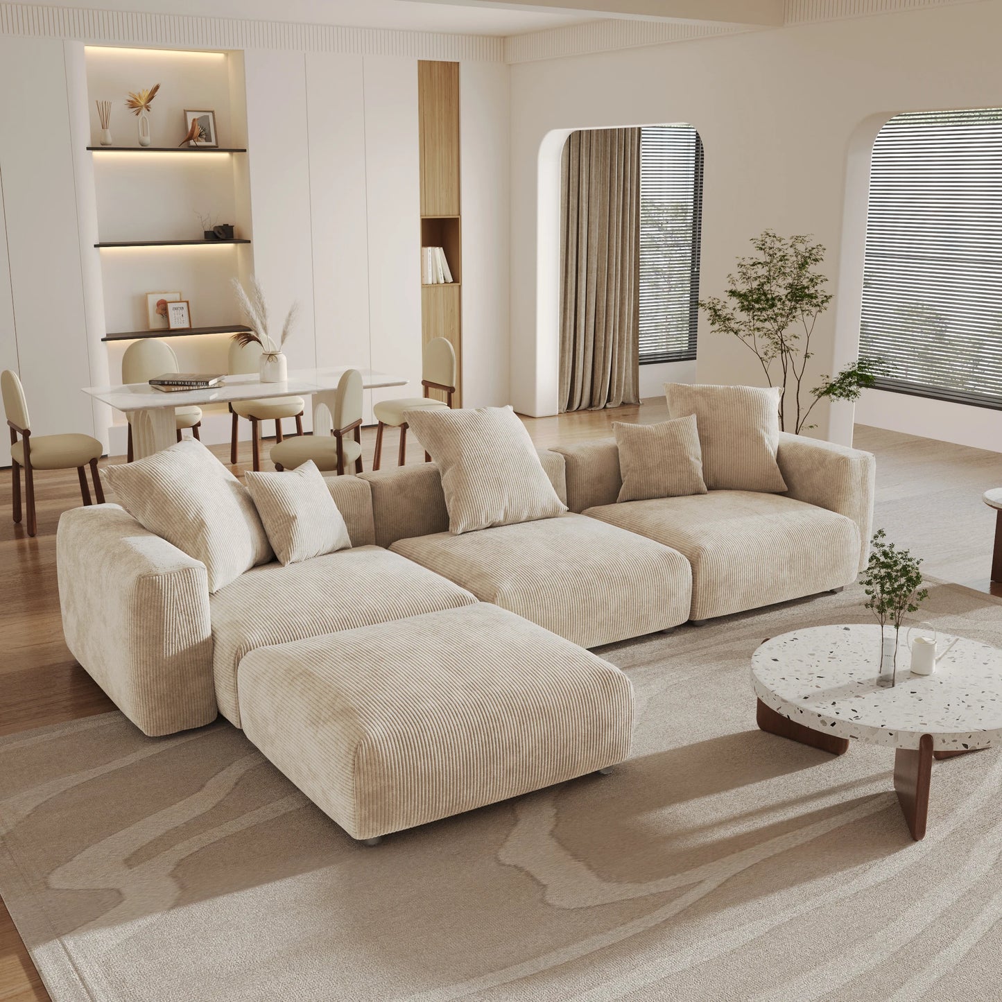 141" L-Shaped Corduroy Sectional Sofa with Ottoman | Oversized 3-Seater with Removable Covers