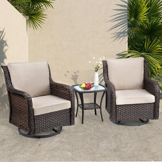 3-Piece Wicker Swivel Rocker Patio Set – 360° Swivel Rocking Chairs with Tempered Glass Side Table for Garden, Patio & Porch