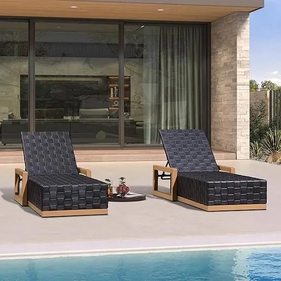 Outdoor Chaise Lounge Set of 2 – PU Leather Pool Chairs with Adjustable Backrest