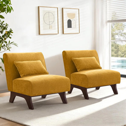 Set of 2 Upholstered Armless Accent Chairs with Wooden Legs & Pillow