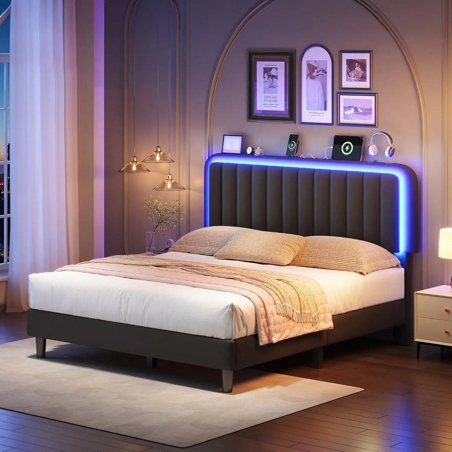 Queen Bed Frame with RGB LED Headboard & USB Charging Station – Velvet Upholstered, Adjustable, 1000 lb Capacity