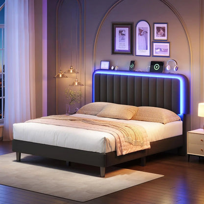 Queen Bed Frame with RGB LED Headboard & USB Charging Station – Velvet Upholstered, Adjustable, 1000 lb Capacity