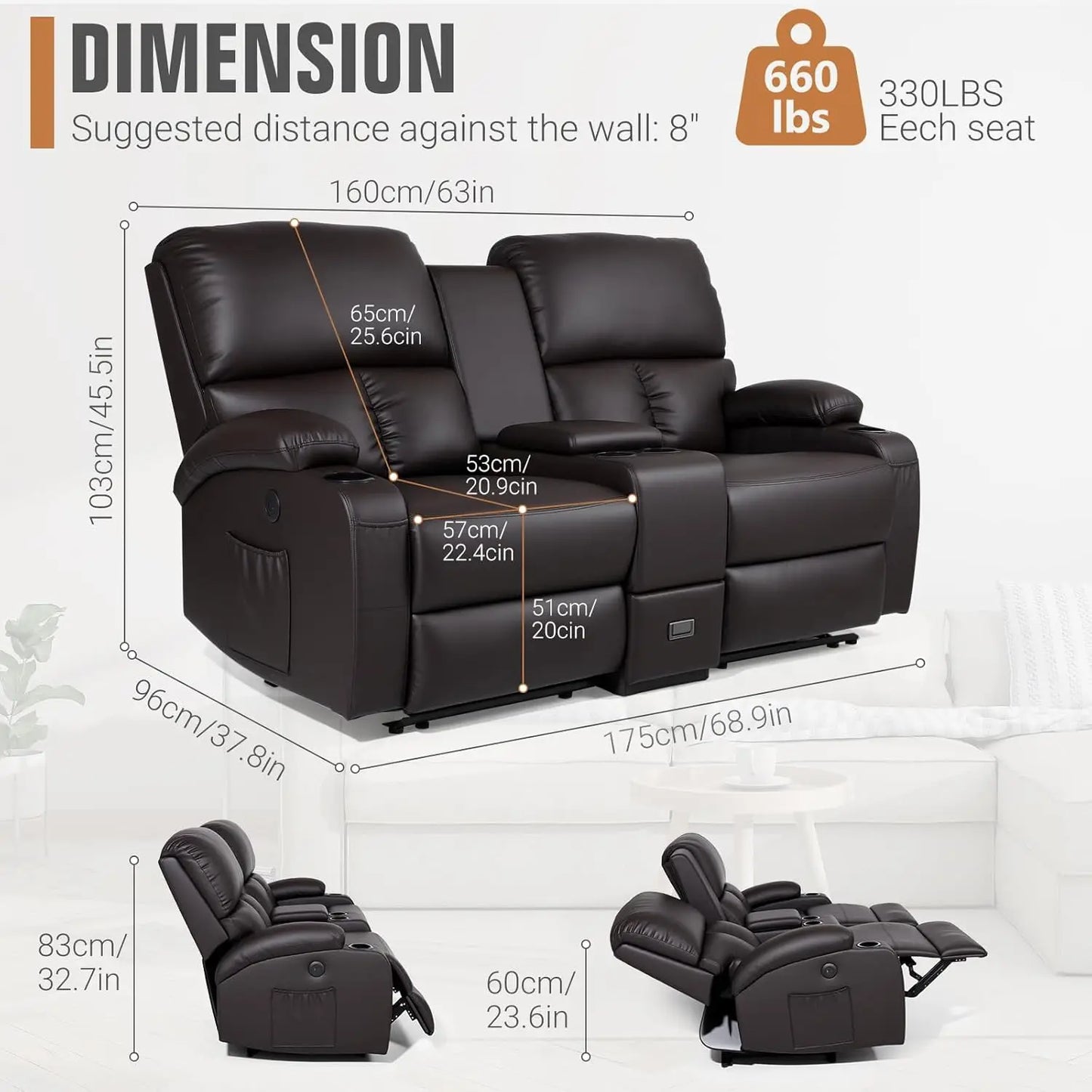 Recliner Loveseat with Massage & Heat – USB Charging, Cup Holders, Faux Leather | Home Theater & RV