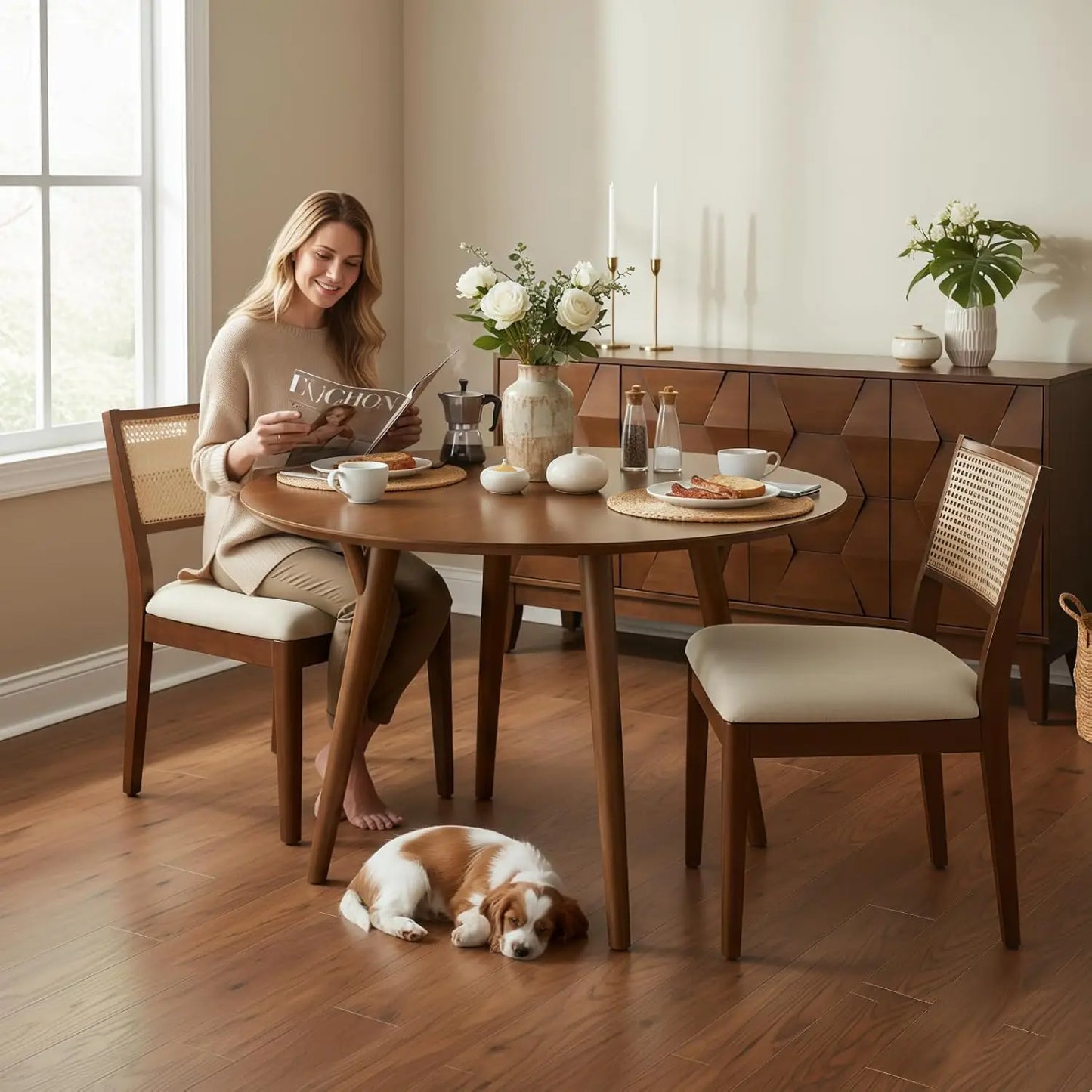 Rattan Dining Chairs Set of 4 | Coastal Woven Back, Upholstered Seat & Solid Rubberwood Frame