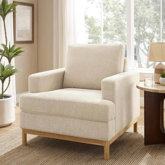 Mid-Century Modern Accent Chair – Boucle & Chenille, Solid Wood Legs, Oversized Reading Chair