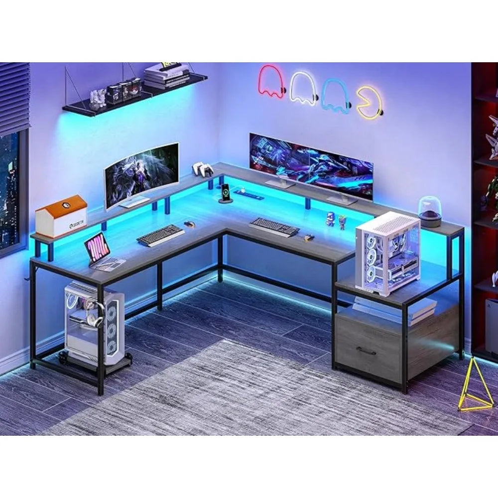 L-Shaped Gaming & Home Office Desk 66" | File Drawer, Power Outlet & RGB Lights