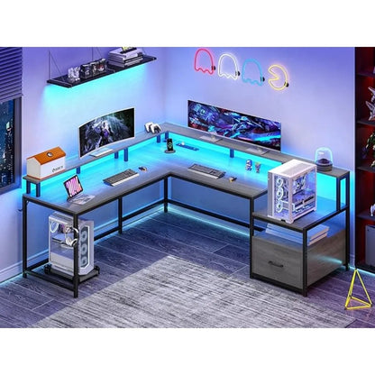 L-Shaped Gaming & Home Office Desk 66" | File Drawer, Power Outlet & RGB Lights