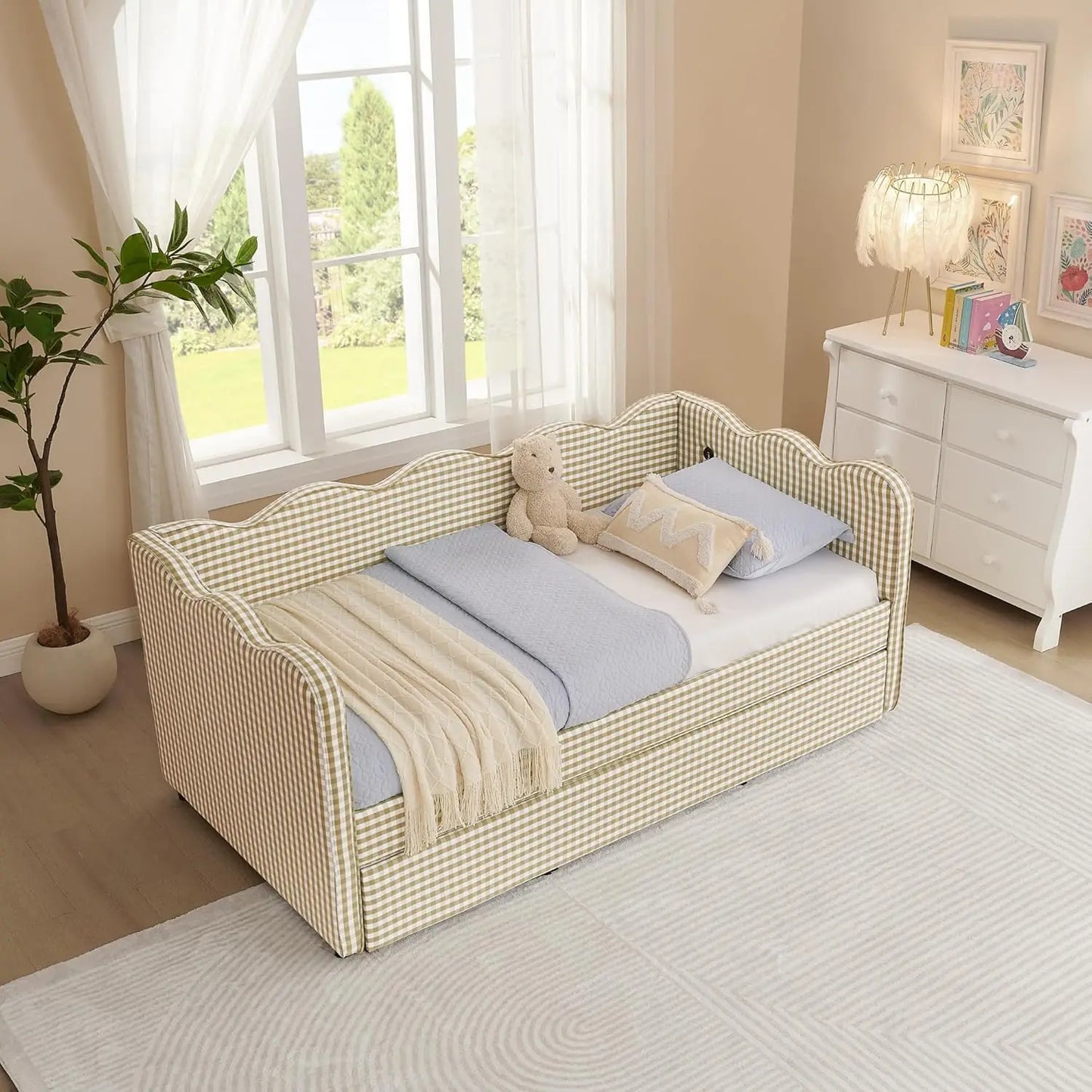 Twin Upholstered Gingham Daybed with Trundle & USB Charging – Linen, Wavy Edge, 7 Colors