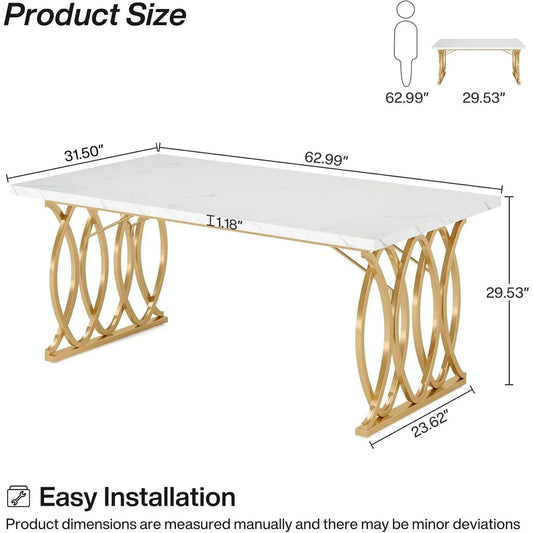 63" Modern Dining Table with Faux Marble Top & Gold Geometric Legs | Seats 4–6