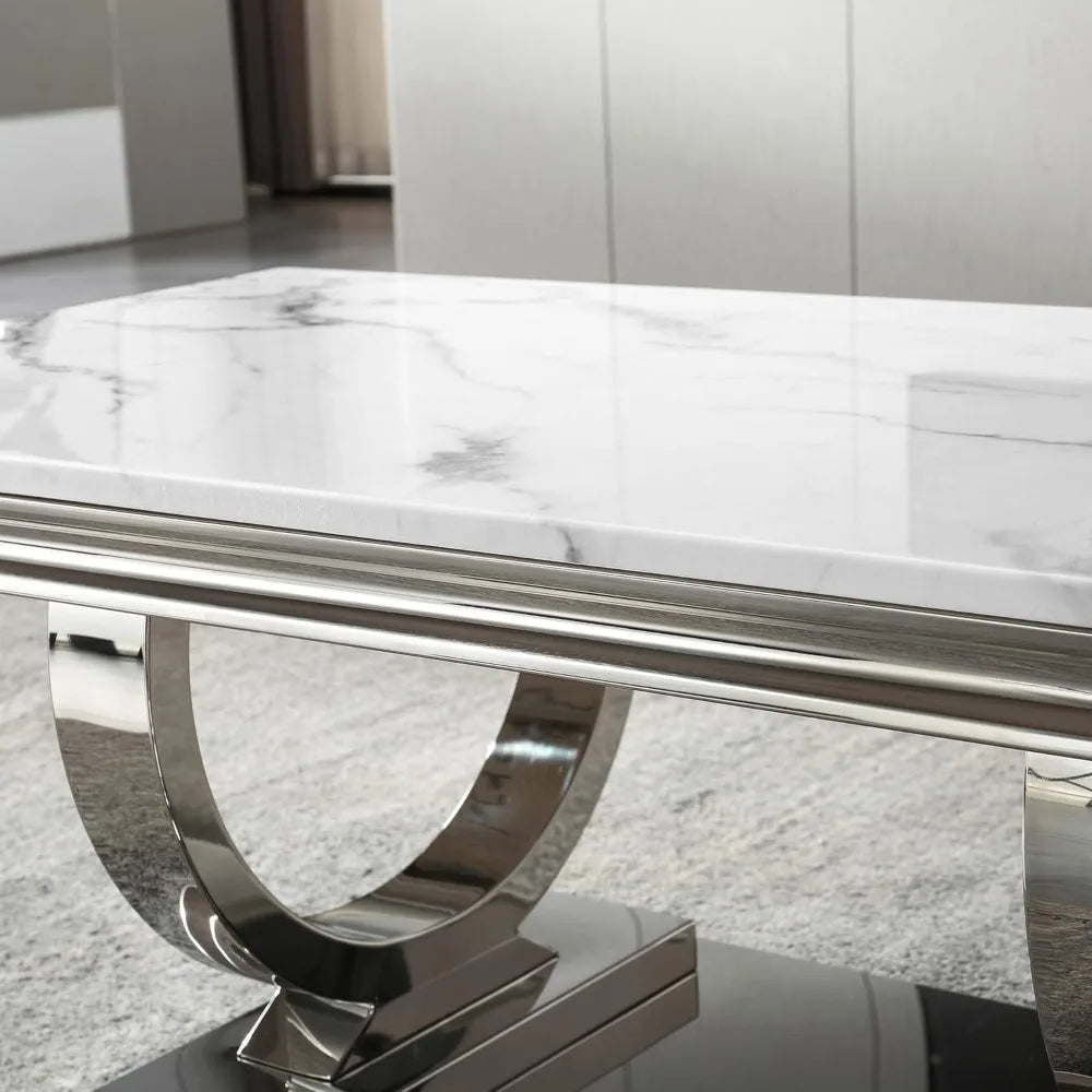 Rectangular Marble Coffee Table | U-Shape Mirrored Stainless Steel Base | Silver & White | Modern