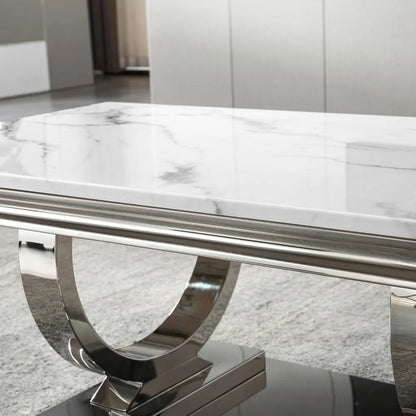 Rectangular Marble Coffee Table | U-Shape Mirrored Stainless Steel Base | Silver & White | Modern
