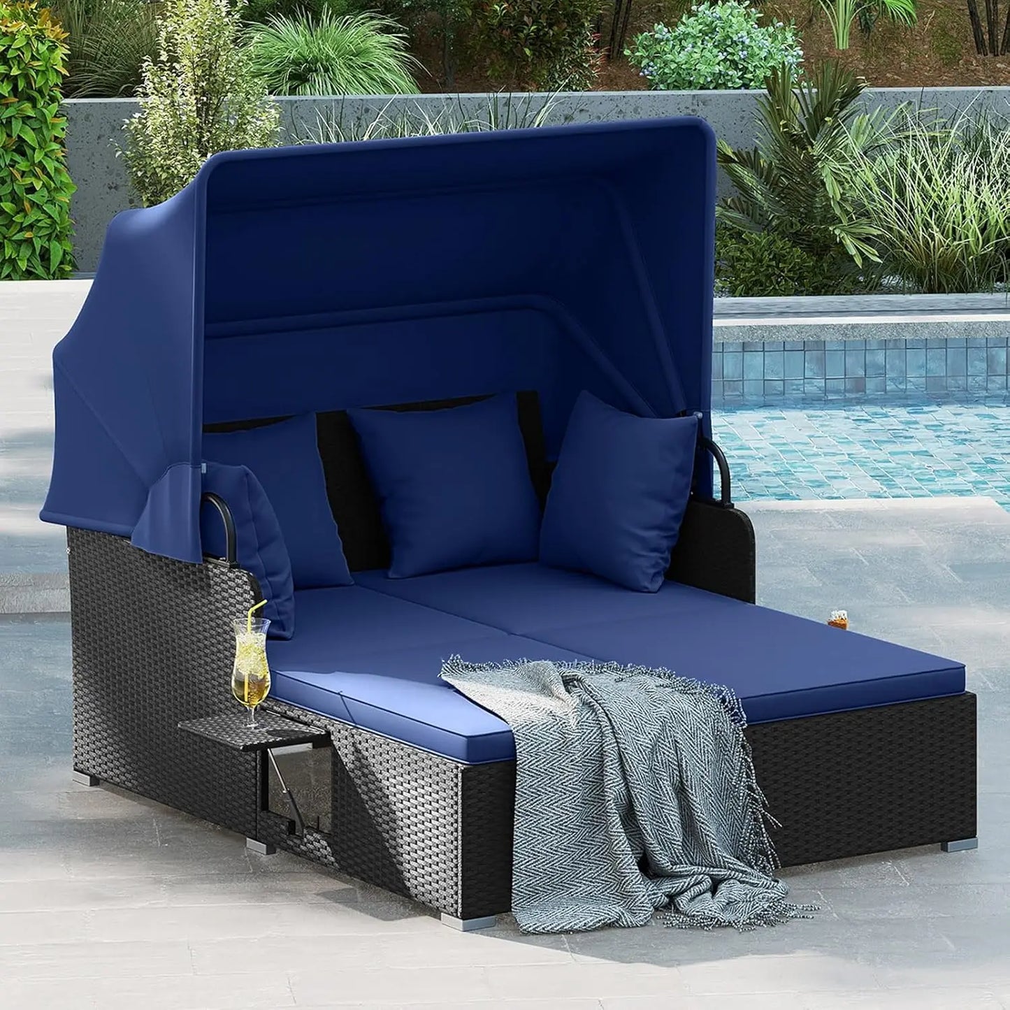 Outdoor Rattan Daybed with Retractable Canopy – 2-Person Patio Sunbed with Cushions & Pillows