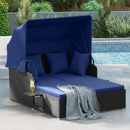 Outdoor Rattan Daybed with Retractable Canopy – 2-Person Patio Sunbed with Cushions & Pillows