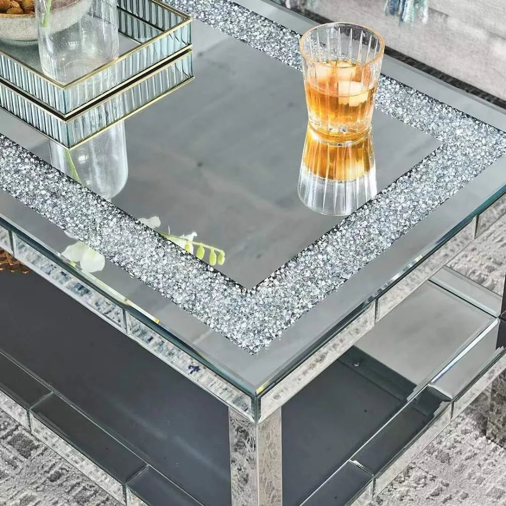 2-Tier Mirrored Silver Coffee Table | Tempered Glass Top & Lower Shelf | Modern Rectangle
