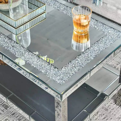 2-Tier Mirrored Silver Coffee Table | Tempered Glass Top & Lower Shelf | Modern Rectangle