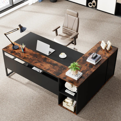 Tribesigns 71" L-Shaped Executive Desk with Storage Cabinet & Shelves