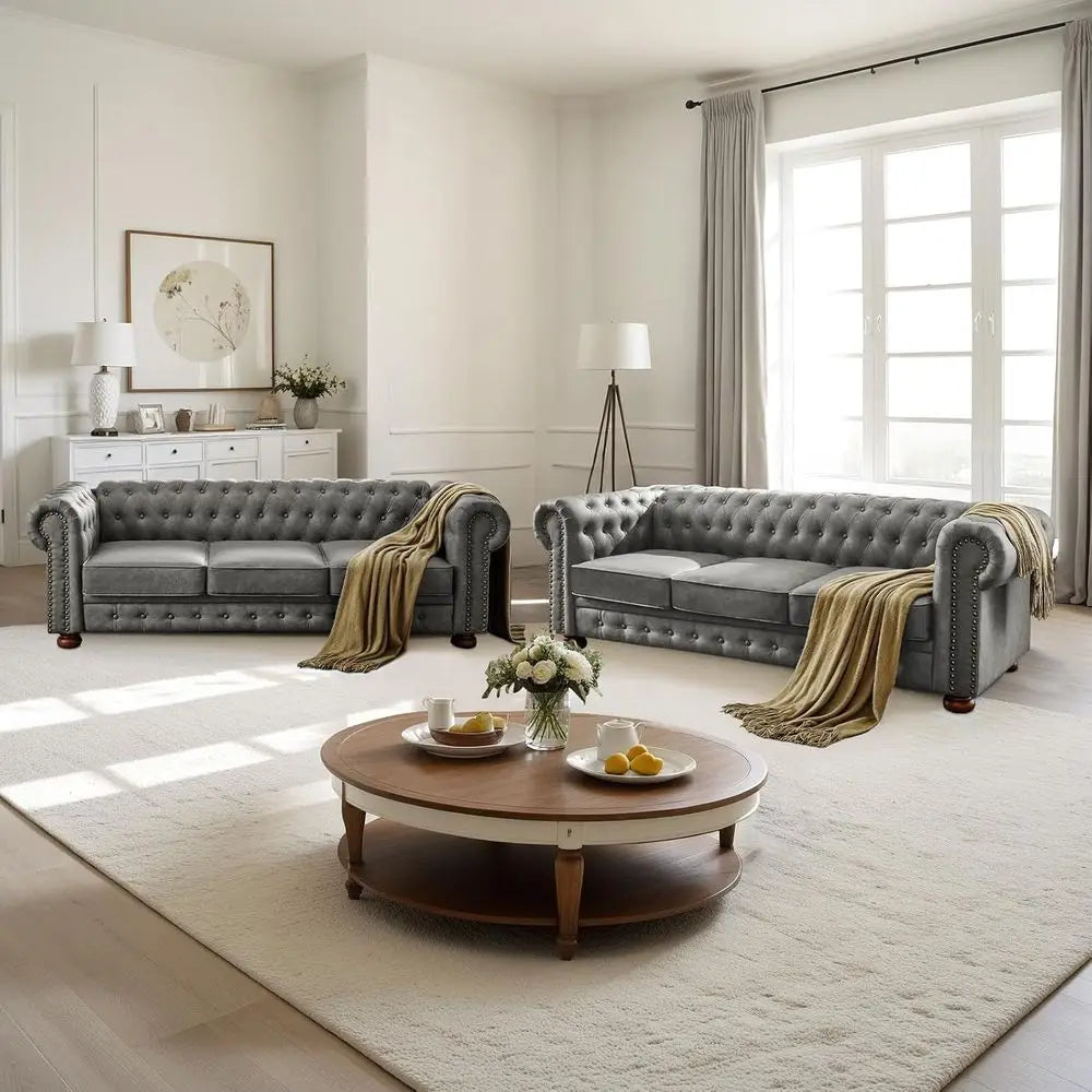 3-Seater PU Leather Chesterfield Sofa | Button Tufted, Nail Trim & Gourd Legs