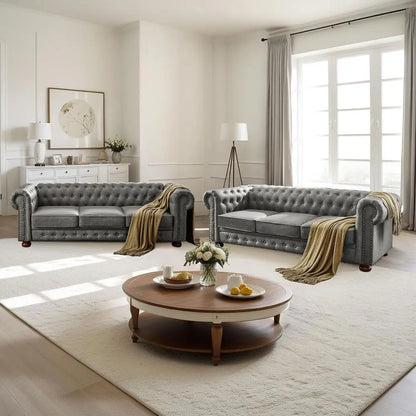 3-Seater PU Leather Chesterfield Sofa | Button Tufted, Nail Trim & Gourd Legs