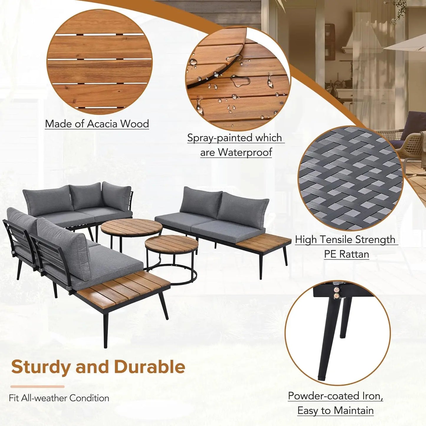 6-Piece Modern Outdoor Sectional Sofa Set with Round Nesting Coffee Tables – All-Weather Rattan & Acacia Wood
