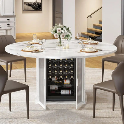 47" Round Dining Table with Storage Cabinet | Faux Marble Top, Wine Glass Racks & Mini-Fridge Space | Modern