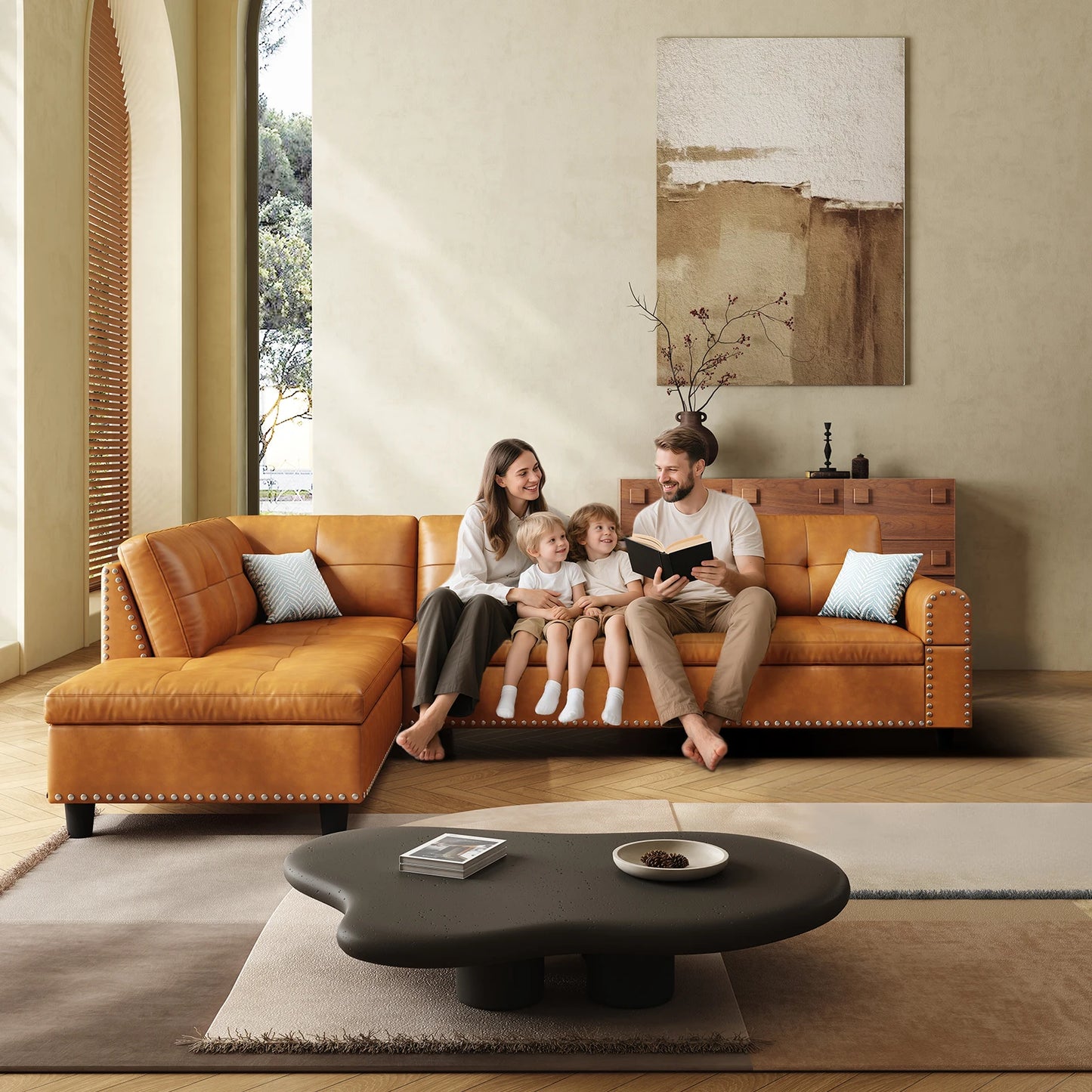 97.5" L-Shaped Sectional Sofa with Chaise – Faux Leather, 6-Seater