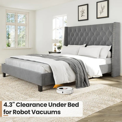 Queen Upholstered Wingback Platform Bed Frame – Tufted Velvet Headboard, Nailhead Trim, No Box Spring Needed