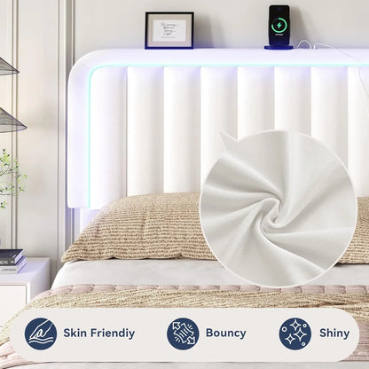 Queen Bed Frame with RGB LED Headboard & USB Charging Station – Velvet Upholstered, Adjustable, 1000 lb Capacity