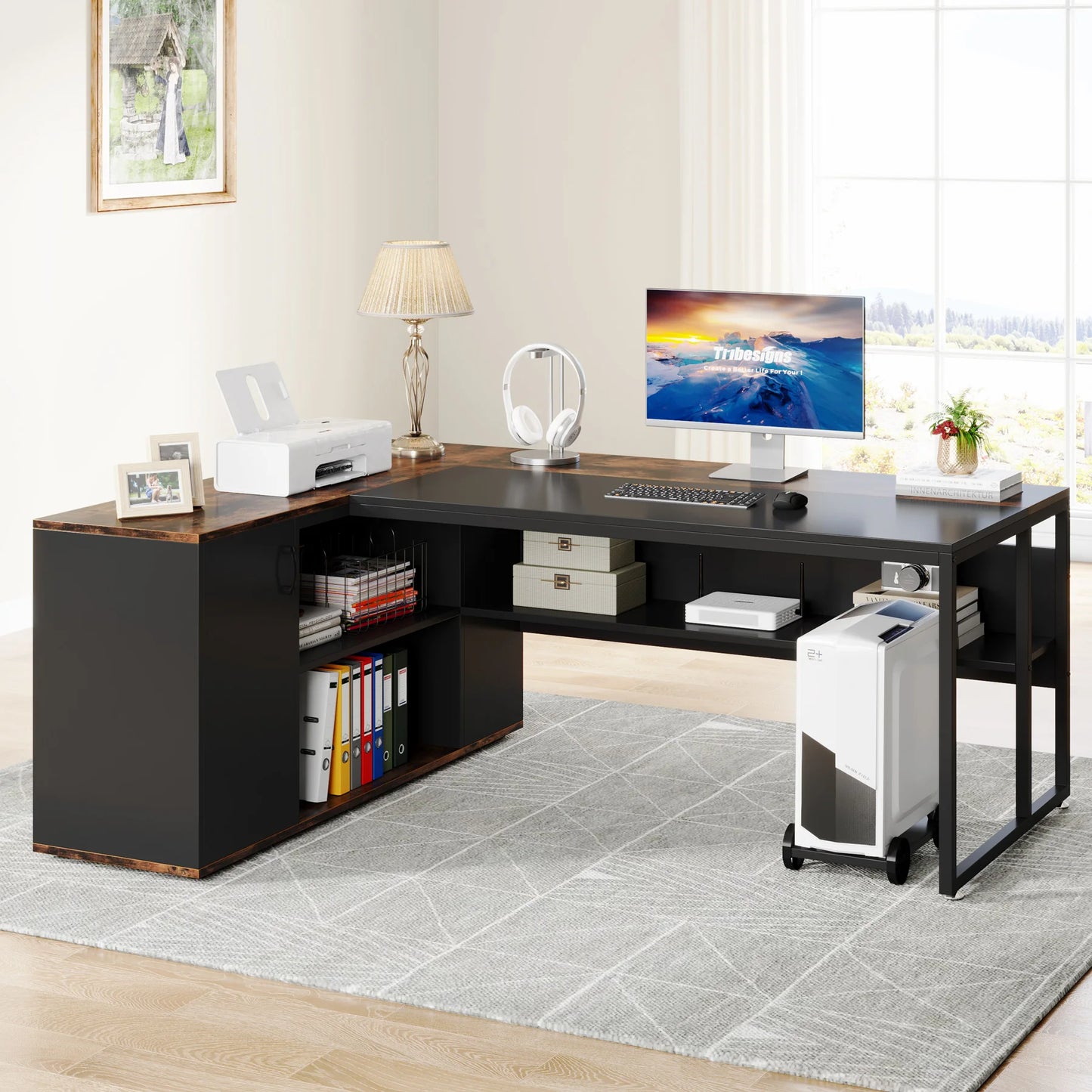 Tribesigns 71" L-Shaped Executive Desk with Storage Cabinet & Shelves