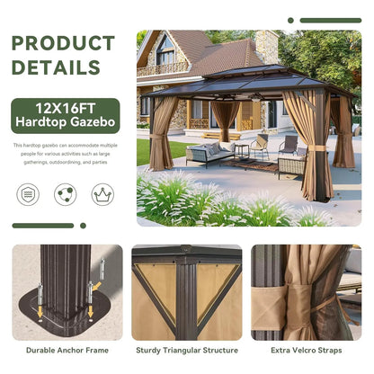 12x16 Hardtop Gazebo with Curtains & Mosquito Netting | Aluminum Frame, Polycarbonate Double Roof