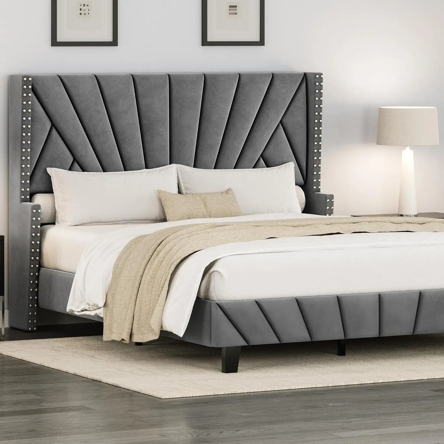 Queen Upholstered Wingback Platform Bed Frame – Tufted Velvet Headboard, Nailhead Trim, No Box Spring Needed