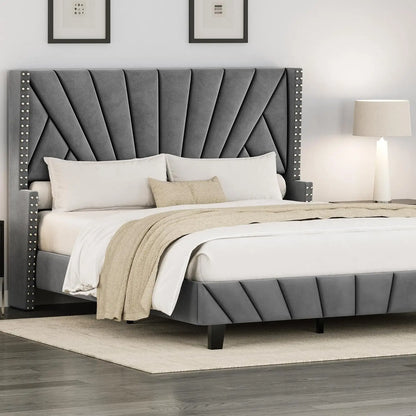 Queen Upholstered Wingback Platform Bed Frame – Tufted Velvet Headboard, Nailhead Trim, No Box Spring Needed