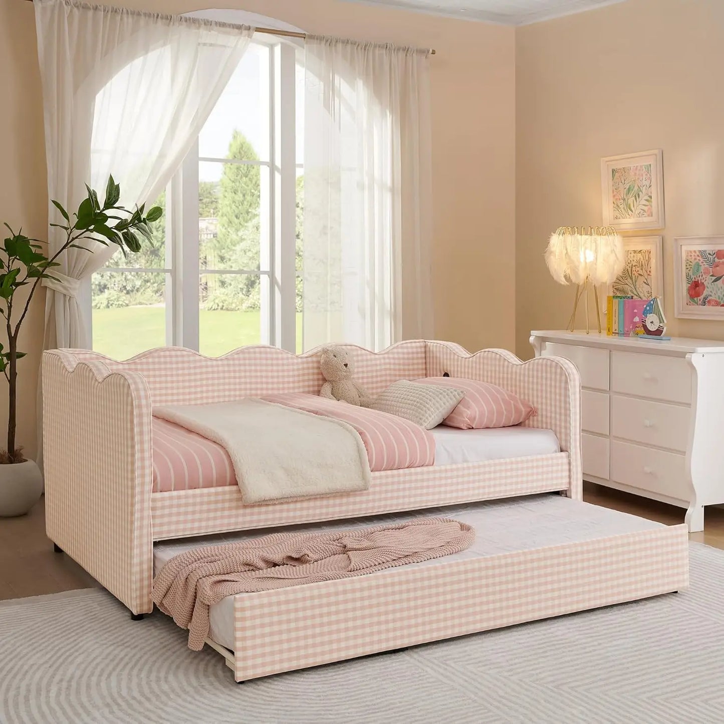 Twin Upholstered Gingham Daybed with Trundle & USB Charging – Linen, Wavy Edge, 7 Colors