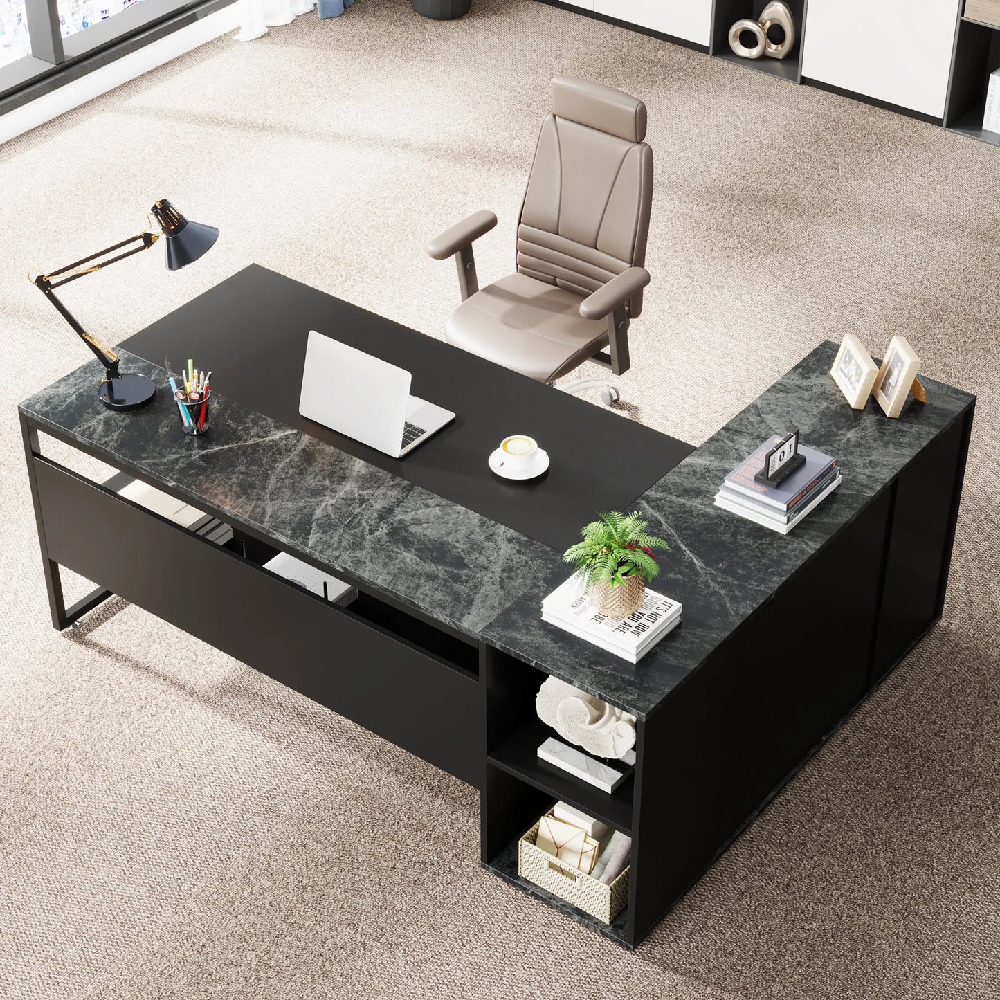 Tribesigns 71" L-Shaped Executive Desk with Storage Cabinet & Shelves