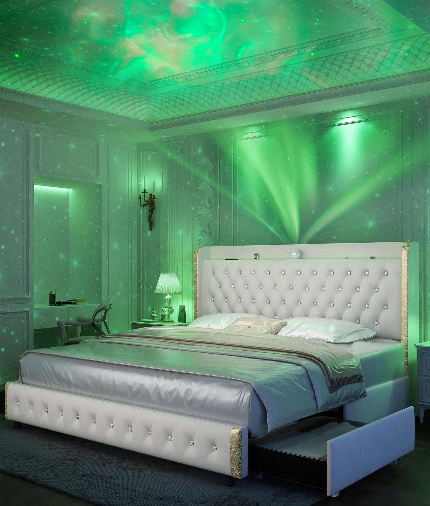 Velvet Wingback LED Bed Frame with Galaxy Projector, Bluetooth Speaker & 4 Storage Drawers – Full XL Queen King
