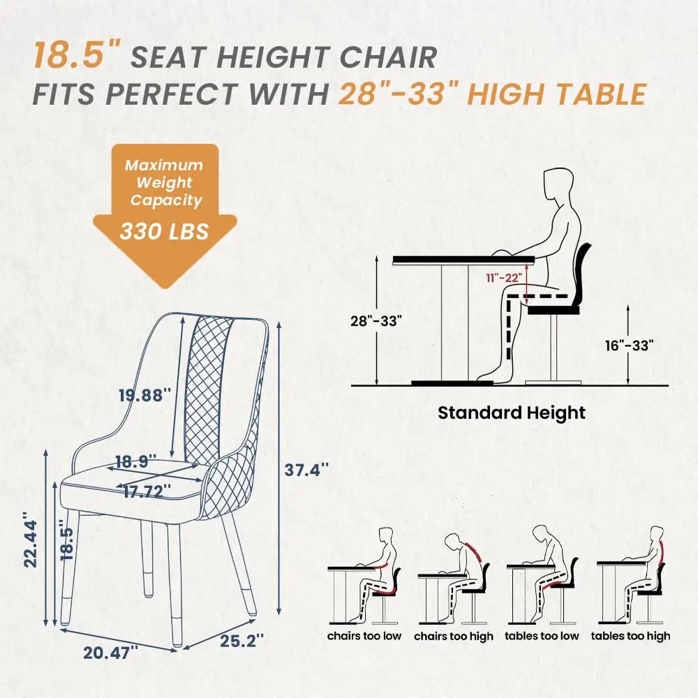 Diamond-Stitched Dining Chairs Set of 2 | 38" High Back, Faux Leather & Metal Legs
