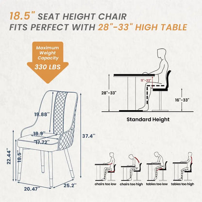 Diamond-Stitched Dining Chairs Set of 2 | 38" High Back, Faux Leather & Metal Legs
