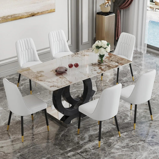 7-Piece Dining Table Set for 6 | 63" Faux Marble Top, PU Leather Chairs | Modern
