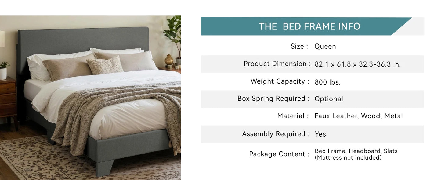 Upholstered Bed Frame with Adjustable Headboard – Soft Linen Fabric, Noise-Free, No Box Spring | Full Queen King