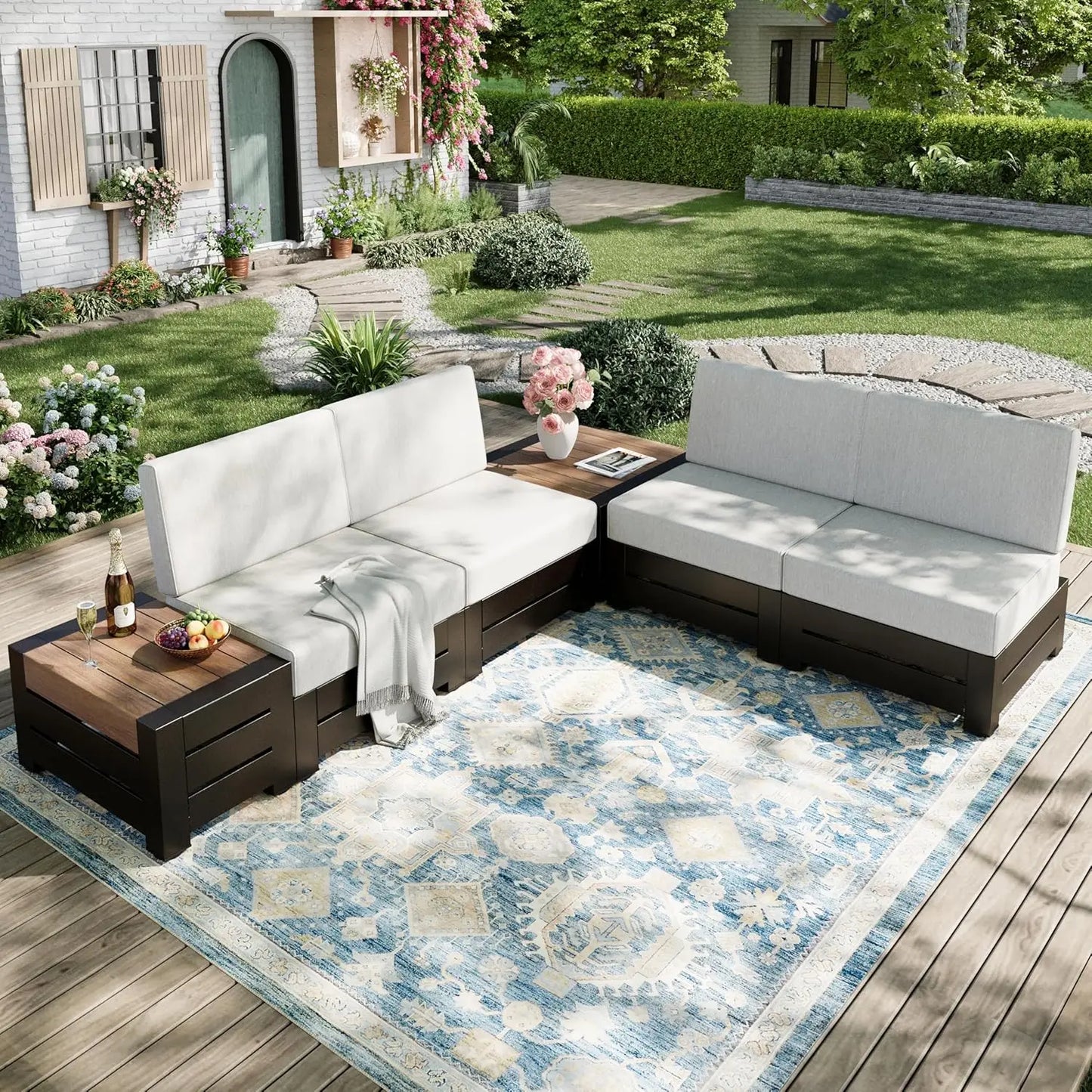 6-Piece Outdoor Patio Sectional Sofa Set – Steel Frame with Thick Cushions, Beige