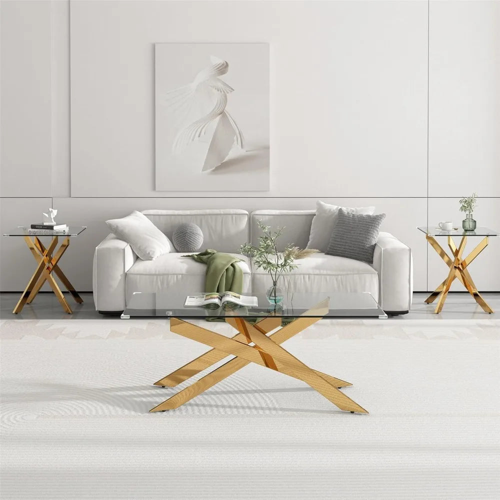 3-Piece Coffee Table Set | Tempered Glass Top & Gold Geometric Metal Legs | Modern Living Room