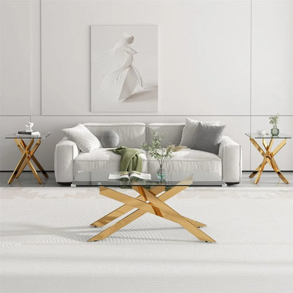 3-Piece Coffee Table Set | Tempered Glass Top & Gold Geometric Metal Legs | Modern Living Room