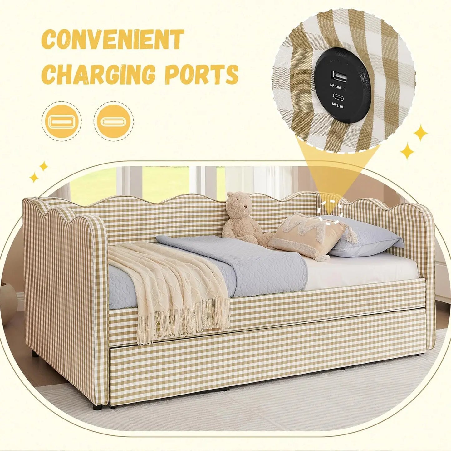 Twin Upholstered Gingham Daybed with Trundle & USB Charging – Linen, Wavy Edge, 7 Colors