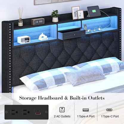 Linen Upholstered Platform Bed Frame with LED Lights, Charging Station & Storage Drawers – Full/Queen