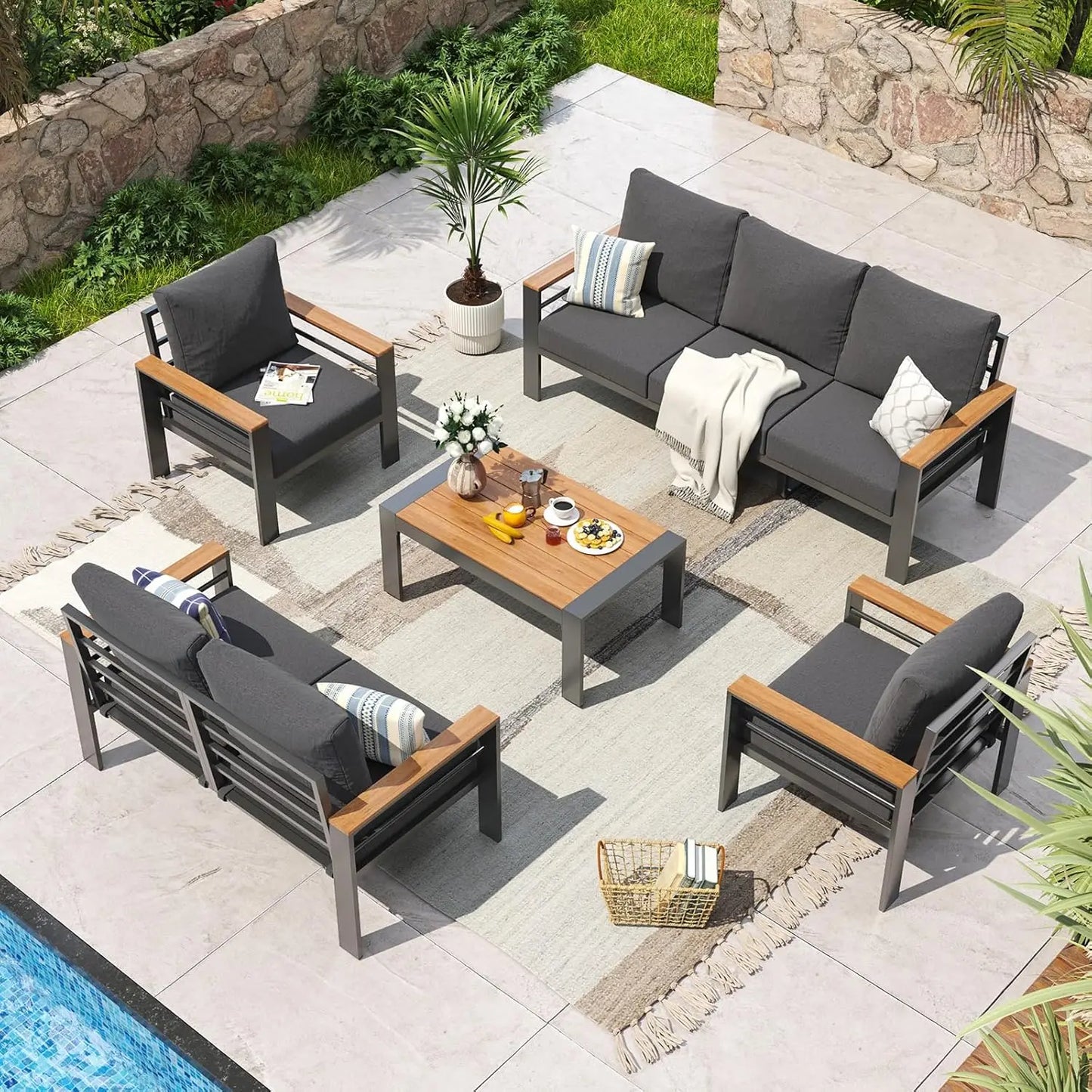 7-Seat Aluminum Patio Sectional Set – Oversized Outdoor Sofa with Thick Cushions & Coffee Table