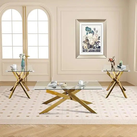 3-Piece Coffee Table Set | Tempered Glass Top & Gold Geometric Metal Legs | Modern Living Room