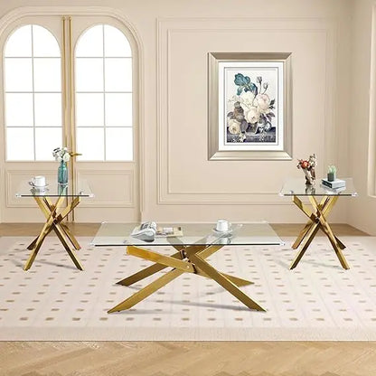 3-Piece Coffee Table Set | Tempered Glass Top & Gold Geometric Metal Legs | Modern Living Room