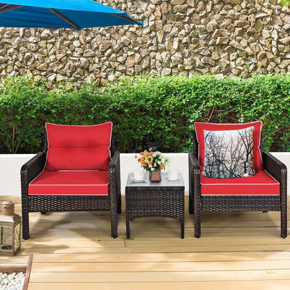 3-Piece Outdoor Wicker Patio Furniture Set – PE Rattan Chairs & Glass Top Coffee Table with Cushions