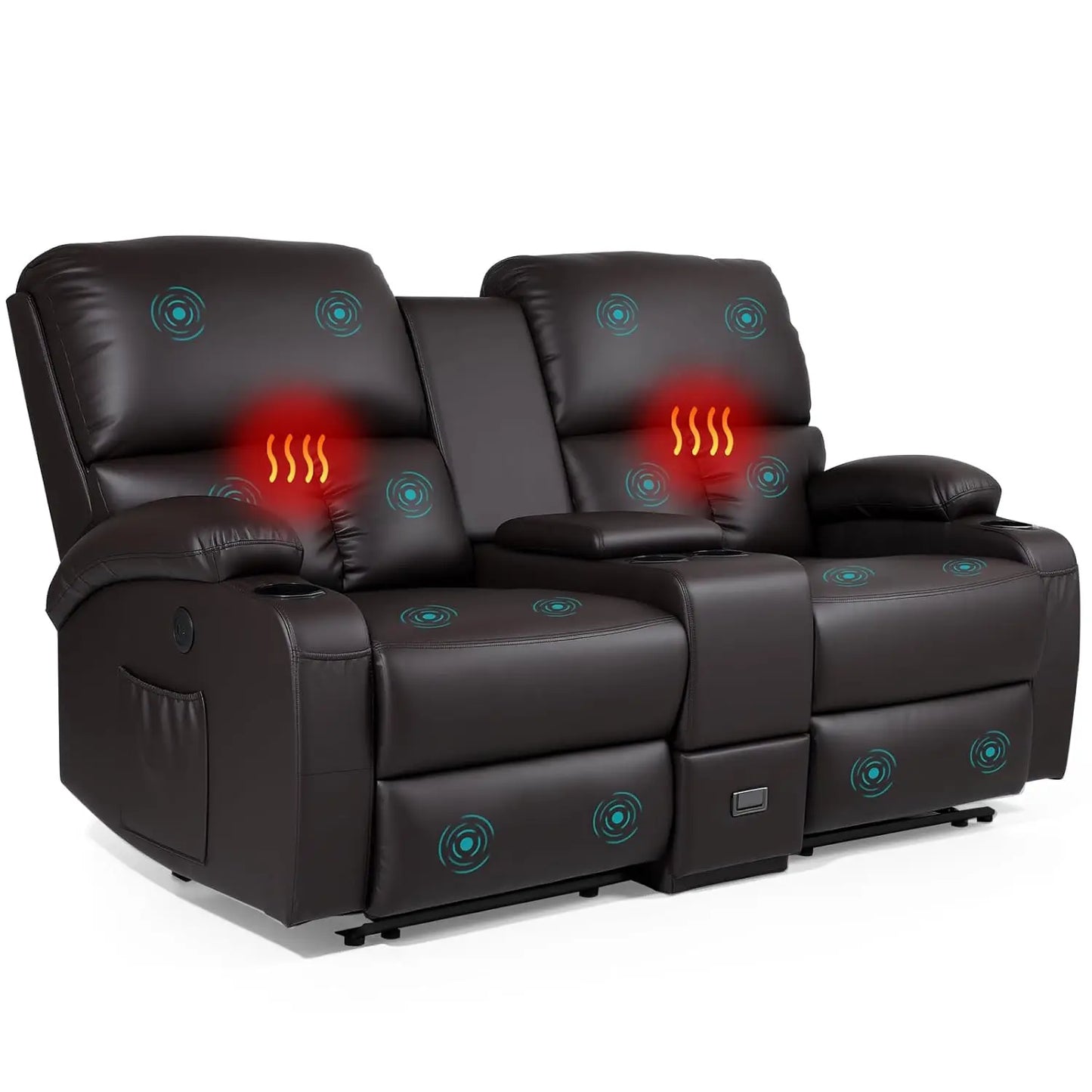 Recliner Loveseat with Massage & Heat – USB Charging, Cup Holders, Faux Leather | Home Theater & RV