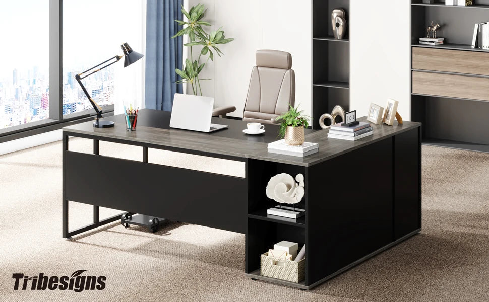 Tribesigns 71" L-Shaped Executive Desk with Storage Cabinet & Shelves